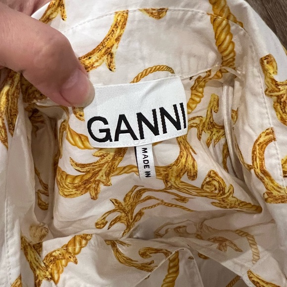 NWT GANNI 100% Cotton Gold And White Patterned Button Up Wrap Shirt - Picture 3 of 14